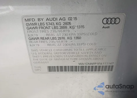 2015 Audi Q5 3.0 Tdi Premium Plus z USA, uszkodzony, nr VIN WA1CMAFP1FA111147